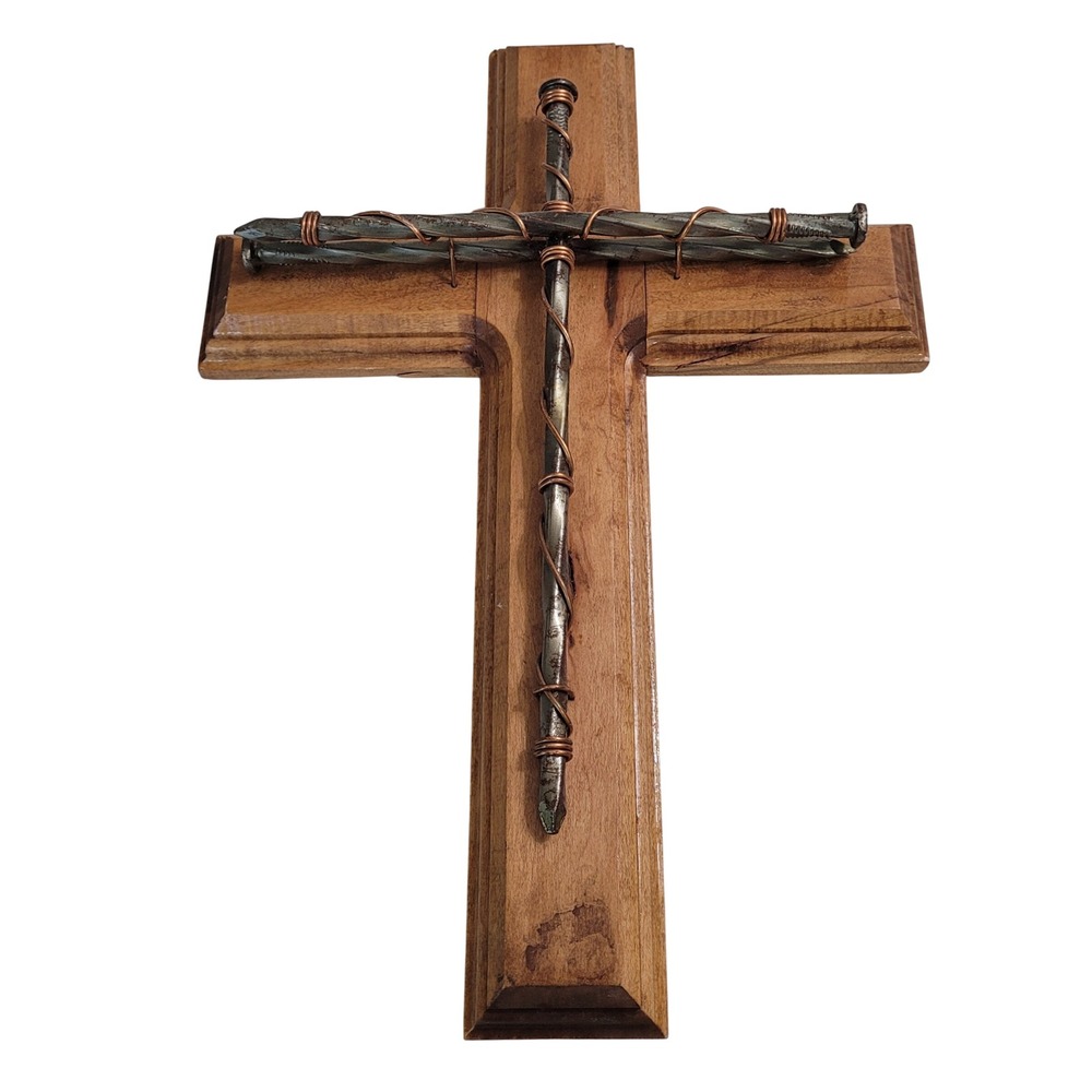 Handmade Wooden Nail Cross Wall Hanging 13.5in Brown Rustic Industrial Folk Art